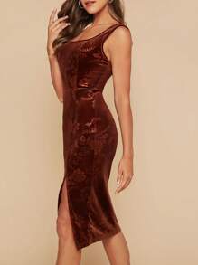 SHEIN Clasi Hoa Dệt hoa Cổ vuông Tách đùi Nhung Đầm - Rỉ Nâu - Xem 6