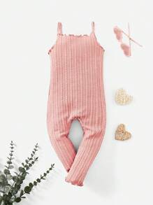 SHEIN 街頭風格嬰兒女孩棕色針織背帶褲,配有細肩帶和波浪邊 - 珊瑚粉 - 查看 1