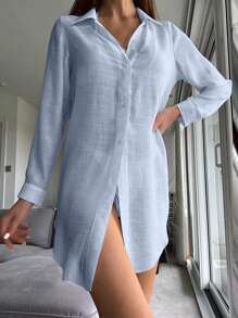 SHEIN Swim Summer Beach Solid Button Front Kimono - Baby Blue - View 1