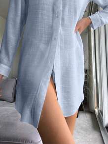 SHEIN Swim Summer Beach Solid Button Front Kimono - Baby Blue - View 4