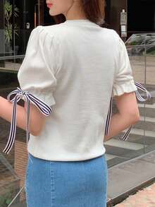 DAZY 打結袖口泡泡袖T恤 - 白色 - 查看 2