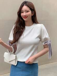 DAZY 打結袖口泡泡袖T恤 - 白色 - 查看 3