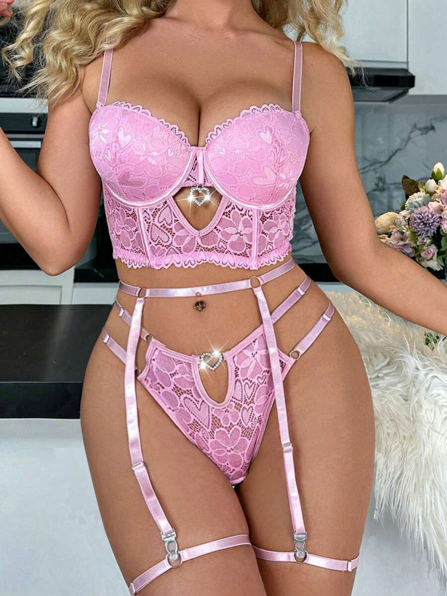 Floral Lace Underwire Garter Lingerie Set - Pink - View 1