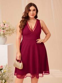 SHEIN Belle Burgundy Red Plus V Neck Mesh Overlay Dress - Burgundy - View 1