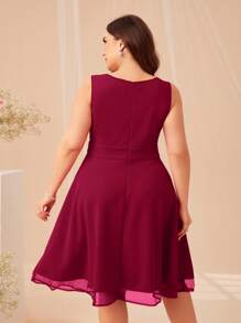 SHEIN Belle Burgundy Red Plus V Neck Mesh Overlay Dress - Burgundy - View 2