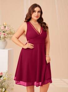 SHEIN Belle Burgundy Red Plus V Neck Mesh Overlay Dress - Burgundy - View 3