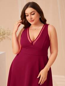 SHEIN Belle Burgundy Red Plus V Neck Mesh Overlay Dress - Burgundy - View 4