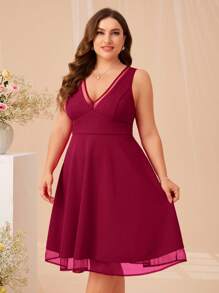 SHEIN Belle Burgundy Red Plus V Neck Mesh Overlay Dress - Burgundy - View 6
