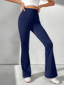 SHEIN Tall Solid Flare Leg Trousers - Navy Blue - View 4