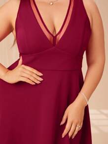 SHEIN Belle Burgundy Red Plus V Neck Mesh Overlay Dress - Burgundy - View 7