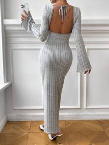 SHEIN Privé Chất rắn Đồ đan Ribbed Váy bodycon - Màu Xám nhạt - Xem 2