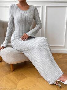 SHEIN Privé Chất rắn Đồ đan Ribbed Váy bodycon - Màu Xám nhạt - Xem 4