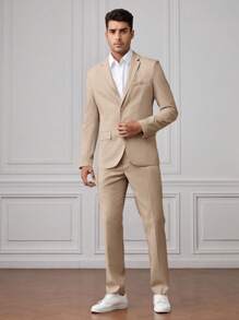 GENTILAND 男士素色單排釦西裝外套&西裝褲 - 卡其色 - 查看 1