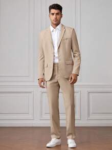 GENTILAND 男士素色單排釦西裝外套&西裝褲 - 卡其色 - 查看 3