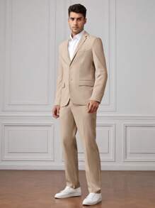 GENTILAND 男士素色單排釦西裝外套&西裝褲 - 卡其色 - 查看 6