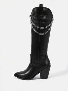 SheIn SXY 女性鏈條裝飾側邊拉鏈粗跟時尚靴子,龐克黑色及膝長靴