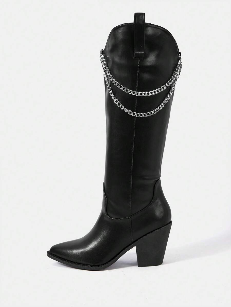 SheIn SXY 女性鏈條裝飾側邊拉鏈粗跟時尚靴子,龐克黑色及膝長靴