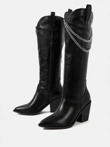 SheIn SXY 女性鏈條裝飾側邊拉鏈粗跟時尚靴子,龐克黑色及膝長靴