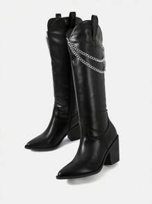 SheIn SXY 女性鏈條裝飾側邊拉鏈粗跟時尚靴子,龐克黑色及膝長靴