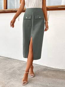SHEIN Clasi Flap Pocket Split Thigh Skirt - Green - View 1