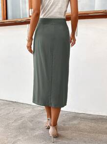 SHEIN Clasi Flap Pocket Split Thigh Skirt - Green - View 2