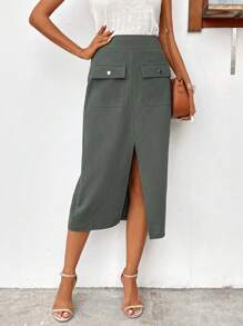 SHEIN Clasi Flap Pocket Split Thigh Skirt - Green - View 3