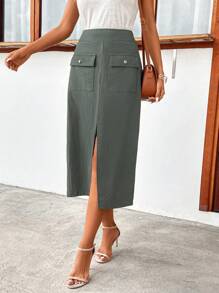 SHEIN Clasi Flap Pocket Split Thigh Skirt - Green - View 5
