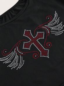 ROMWE Grunge Punk Wings Rhinestone Crop Tee