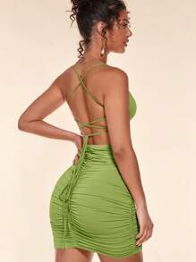 SHEIN BAE Lace Up Backless Ruched Side Slip Dress - Lime Green - View 1
