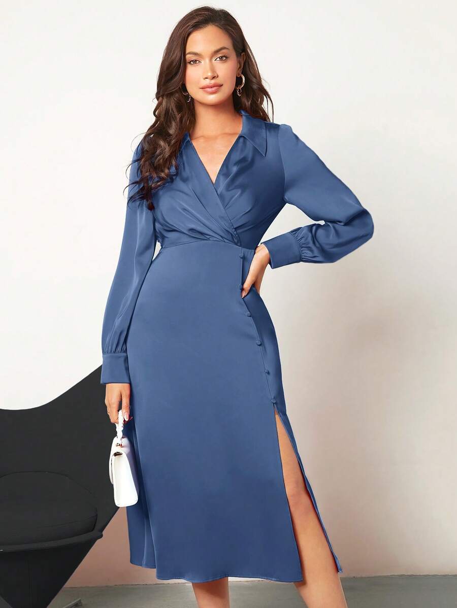 BizChic Solid Split Thigh Satin Dress Workwear - Dusty Blue - View 1