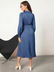 BizChic Solid Split Thigh Satin Dress Workwear - Dusty Blue - View 2