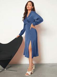BizChic Solid Split Thigh Satin Dress Workwear - Dusty Blue - View 4