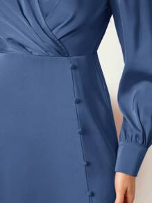 BizChic Solid Split Thigh Satin Dress Workwear - Dusty Blue - View 5