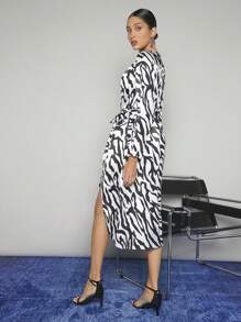 Maija Zebra Striped Split Thigh Belted Dress - Black and White - View 3