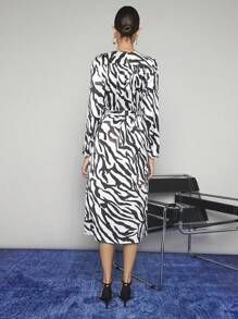 Maija Zebra Striped Split Thigh Belted Dress - Black and White - View 5