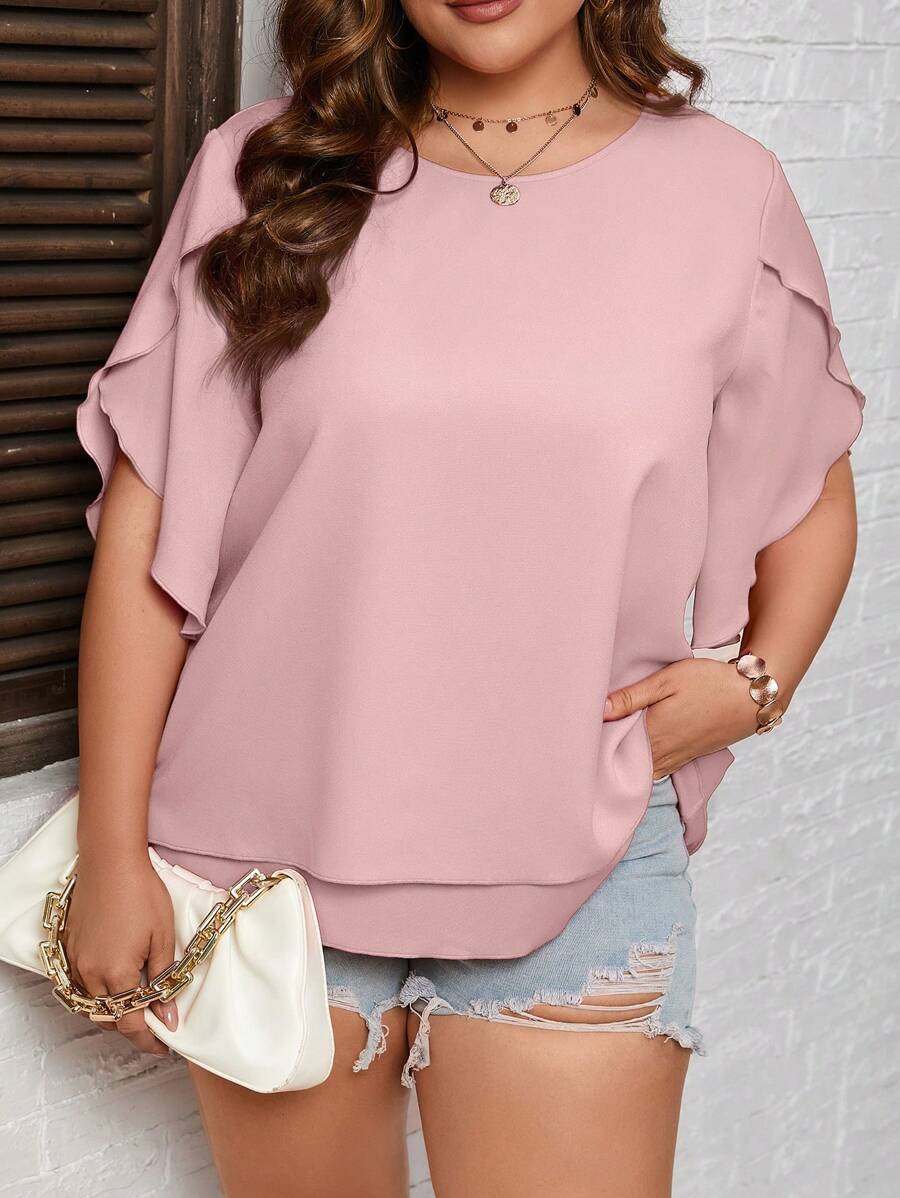SHEIN LUNE Plus Petal Sleeve Blouse - Dusty Pink - View 1