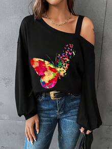 SHEIN LUNE 蝴蝶圖案不對稱領運動衫 - 黑色 - 查看 2