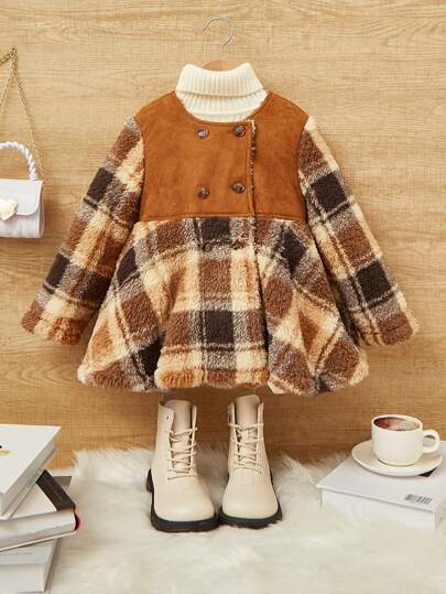 SHEIN 女小童格紋雙排釦外套無毛衣
