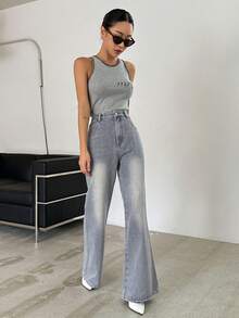 DAZY 高腰牛仔喇叭褲 - 淺色水洗藍 - 查看 4