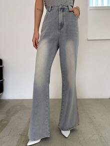 DAZY 高腰牛仔喇叭褲 - 淺色水洗藍 - 查看 5