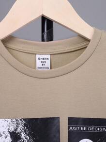 SHEIN 男大童標語圖案T恤&腰部抽繩衛褲 - 卡其色 - 查看 7