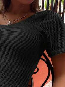 Solid Scoop Neck One Piece Swimsuit - Black - View 3