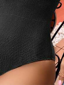 Solid Scoop Neck One Piece Swimsuit - Black - View 4