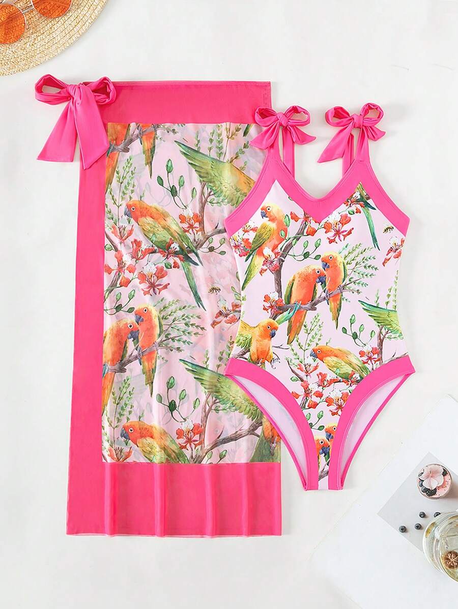 Bird Print One Piece Swimsuit With Beach Skirt - Multicolor - View 1