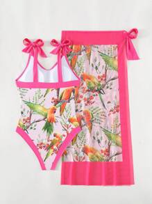 Bird Print One Piece Swimsuit With Beach Skirt - Multicolor - View 3