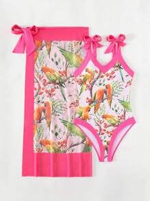 Bird Print One Piece Swimsuit With Beach Skirt - Multicolor - View 4