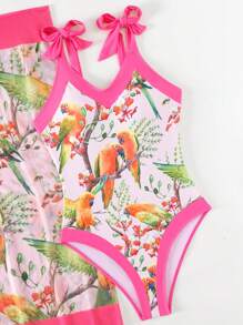 Bird Print One Piece Swimsuit With Beach Skirt - Multicolor - View 6