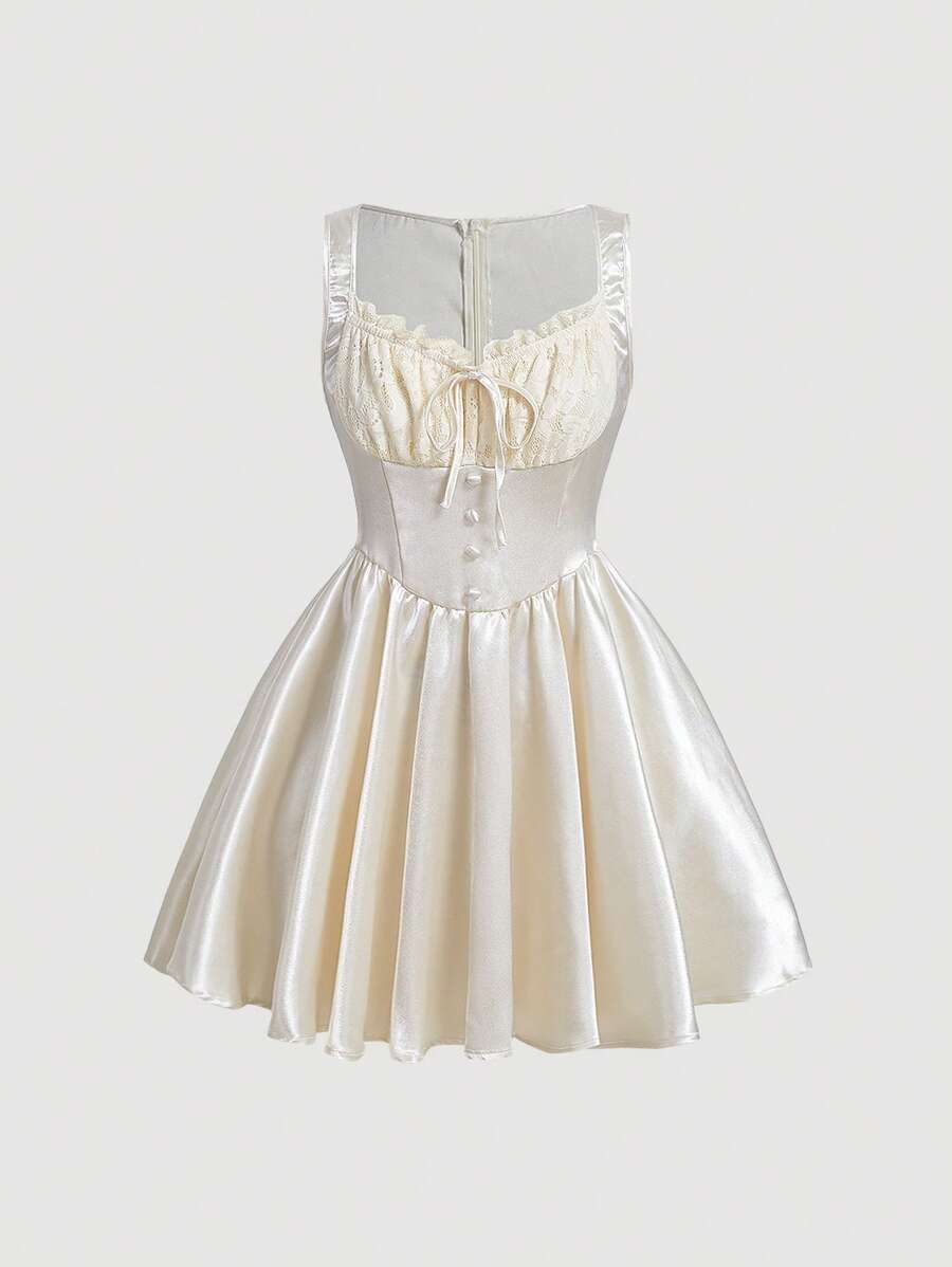 SHEIN MOD Ren Nếp gấp Phần Ngực Tie Trước Đầm - Màu be - Xem 1