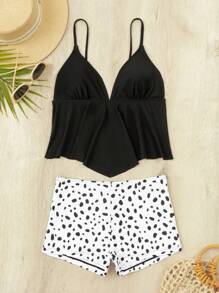 Dalmatian Print Ruffle Hem Tankini - Black and White - View 1