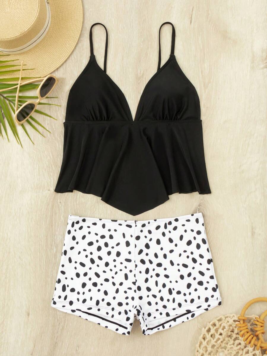 Dalmatian Print Ruffle Hem Tankini - Black and White - View 1